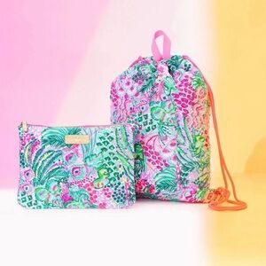 Lilly Pulitzer Quilted Drawstring Backpack and Pouch Set. NWT.